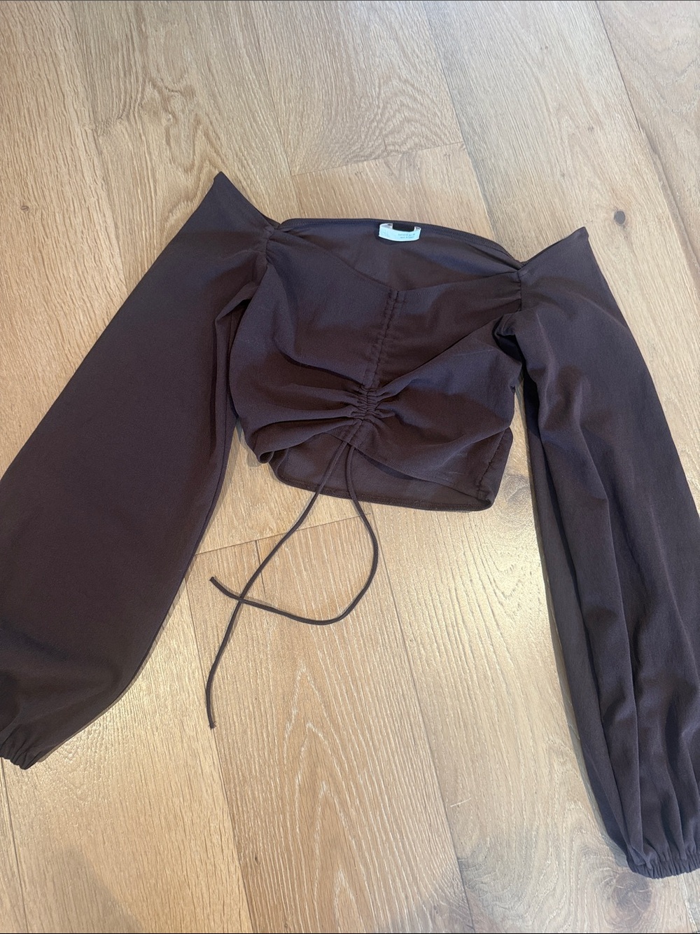 Zara Chocolate Brown Ruched Long Sleeve Crop Top